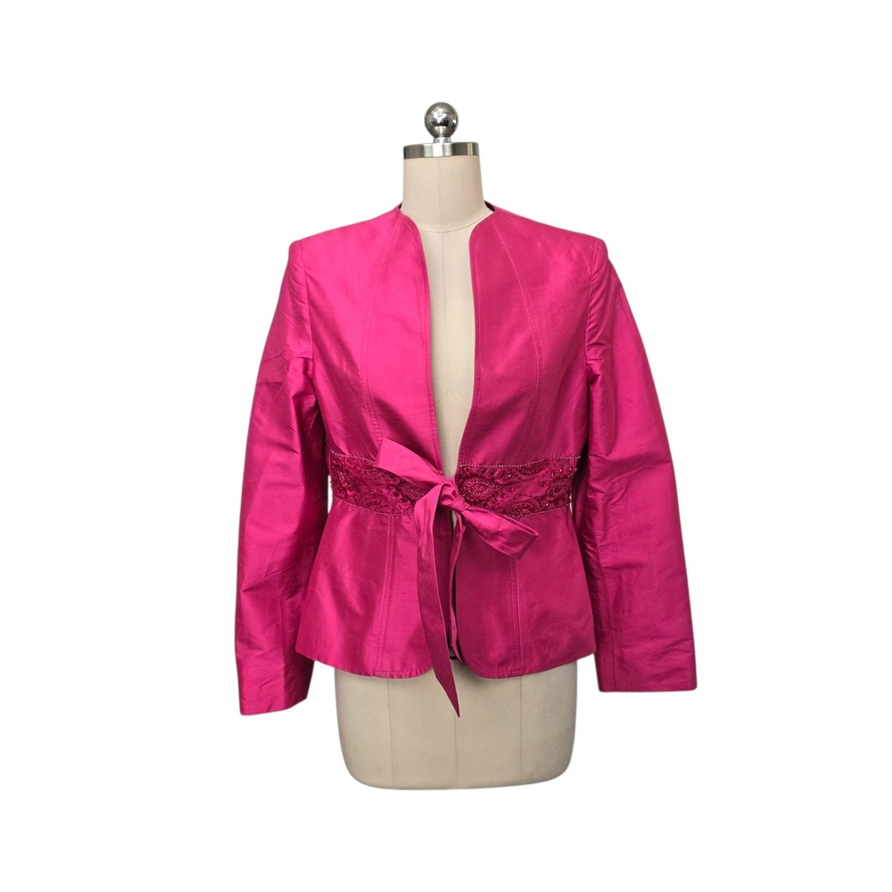Austin Reed Pink 100% Silk Embellished Tie Waist Open Front Blazer Jacket 6
